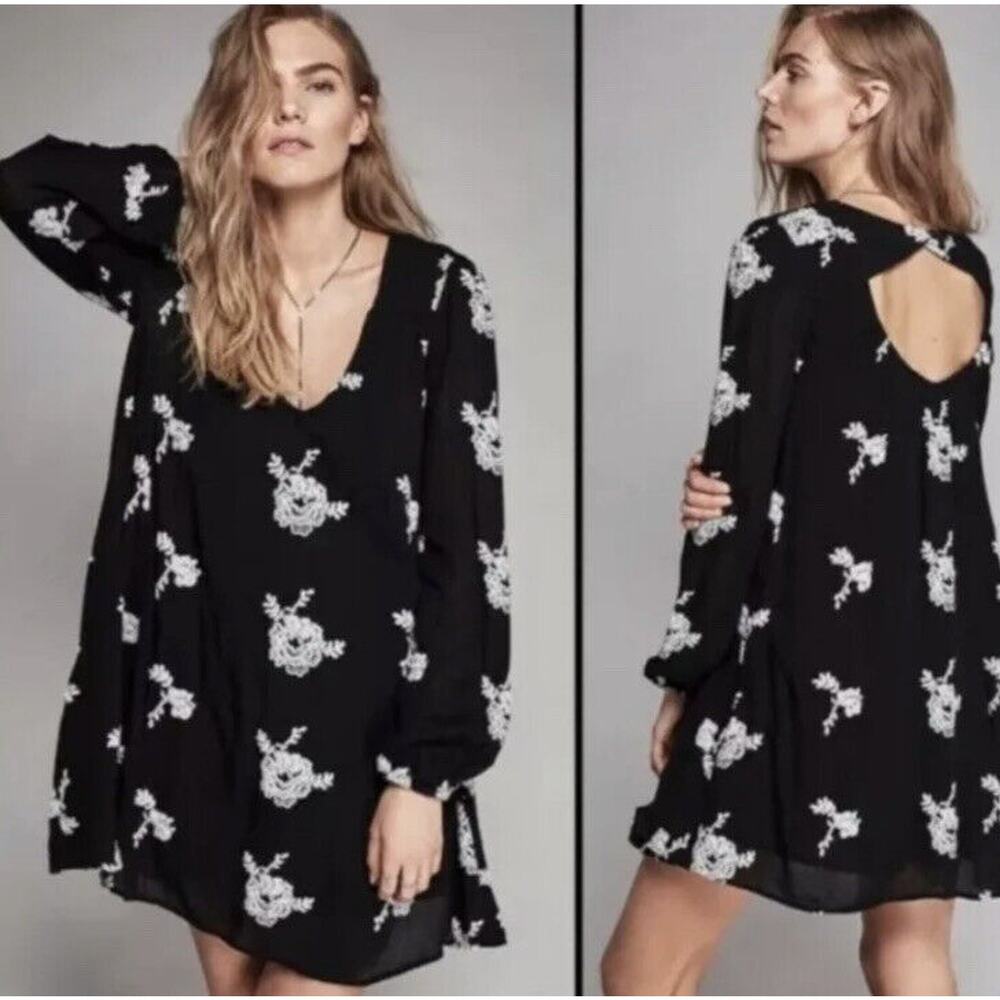 Free People Black Embroidered Emma Austin Mini Swing Dress Sz XS Boho Babydoll